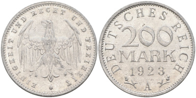 Германия 200 марок 1923 A KM 35, J. 304, Weege 22 алюминий UNC 4586-247