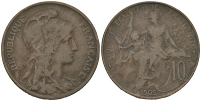 Франция 10 сантимов 1909 KM 843 бронза 221-536