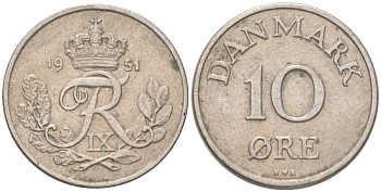 Дания 10 эре 1951 N; S, Фредерик IX (1947-1972) KM 841.2 медно-никель 4613-838