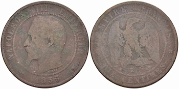 ФРАНЦИЯ 10 САНТИМОВ 1855 K, НАПОЛЕОН III (1852-1870) KM, 771.5, LE FRANC 133.26 бронза 38-1033