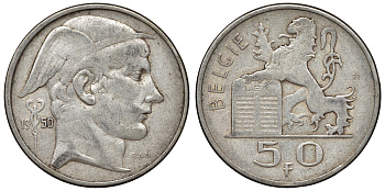 Бельгия 50 франков 1950 Belgie, Лоепольд III (1934-1950) KM 137 серебро    4117-543