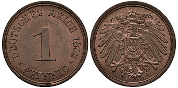 ГЕРМАНИЯ 1 ПФЕННИГ 1892 A KM 10, J. 10 медь UNC 413-3732