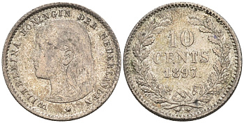 Нидерланды 10 центов 1897 Вильгельмина (1890-1948), редкая KM 116 серебро 1528-414
