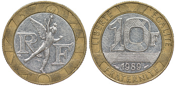 Франция 10 франков 1989 тип гений Бастилии KM 964.1, Le Franc 375.3 биметалл  45-635