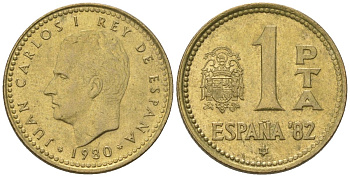 Испания 1 песета 1980 (80), Хуан Карлос I (1975-2014), чемпионат мира по футболу 1982 года в Испании KM 816 алюминиевая бронза UNC 4617-1145