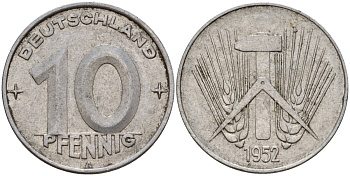 ГДР 10 пфеннигов 1952 A KM 7 алюминий 24-817