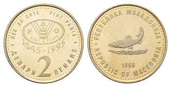 Македония 2 денара 1995 50 лет ФАО, серый цвет KM 6a медь цинк никель UNC 4699-142