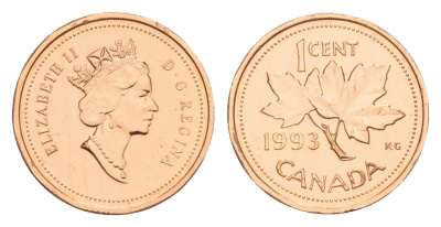 Канада 1 цент 1993 Елизавета II (1952-2022), кленовый лист KM 181 бронза PROOF-LIKE (BU) 4639-368