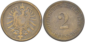 Германия 2 пфеннига 1876 C, старогербовка KM 2, Jager 2, Weege 3 медь 212-644