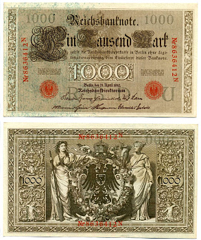 Германия 1000 марок 1910 21 апреля 1910, Буква U, номер семизначный, серия N, выпуск 10.1922 Pick 44, Розенберг 45с бумага 8618-5-1-2