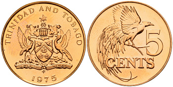 Тринидад и Тобаго 5 центов 1975 FM, райская птица KM 26 бронза PROOF 4161-1014