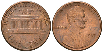 США 1 цент 1987 Линкольн KM 201b цинк плакированный медью 4567-1032