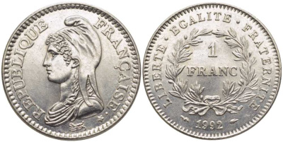 Франция 1 франк 1992 200 лет Французской республике KM 1004.1, Le Franc 229.2 никель 175-555