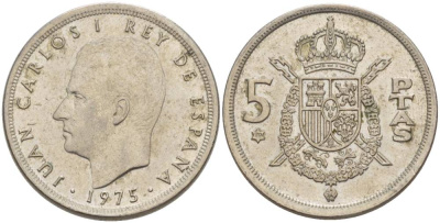Испания 5 песет 1975 (79) Хуан Карлос I (1975-2014) KM 807 медно-никель 4551-953