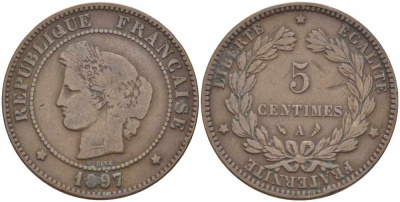 ФРАНЦИЯ 5 САНТИМОВ 1897 A, ТРЕТЬЯ РЕСПУБЛИКА (1871-1940) KM 821.1, LE FRANC 118.41 бронза 108-753
