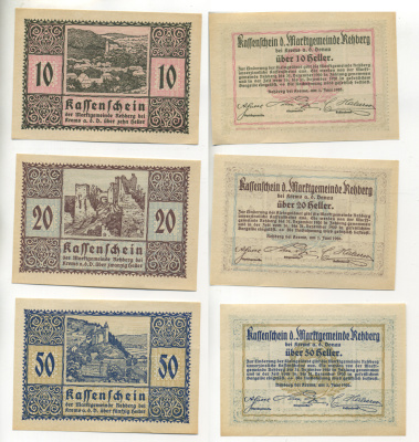 АВСТРИЯ НАБОР ИЗ 3 БАНКНОТ 1920 1 ИЮНЯ 1920 - 31 ДЕКАБРЯ 1920, НОТГЕЛЬД, 10, 20, 50 ГЕЛЛЕРОВ, RECHBERG бумага aUNC 7204-69-1