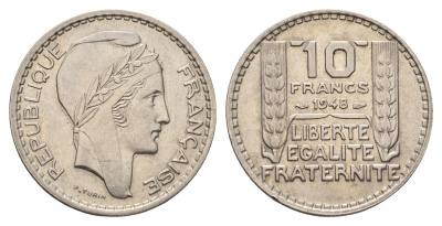 Франция 10 франков 1948 KM 909.1, Le Franc 362.3 медно-никель 4118-855