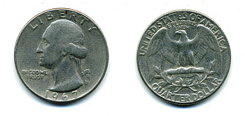 США 25 центов (квотер) 1967 Вашингтон KM 164a медь плакированная медно-никелем 46-1913