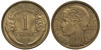 ФРАНЦИЯ 1 ФРАНК 1931 ТИП MORLON KM 885, LE FRANC 219.2 алюминиевая бронза 202-133