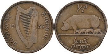 Ирландия 1/2 пенни 1935 свинья с поросятами KM 2 бронза 4146-534