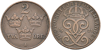 Швеция 2 эре 1921 Густав V (1907-1950) KM 778 бронза 63-1126