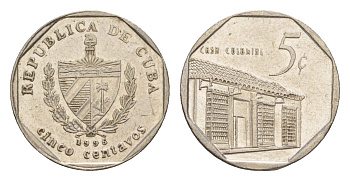 Куба 5 сентаво 1996 Casa Colonial KM 575.2, Schoen 713, JMA MC19 сталь плакированная никелем 4644-715