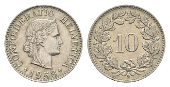Швейцария 10 раппенов 1958 B KM 27 медно-никель 4625-232