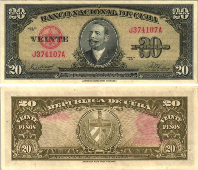 Куба 20 песо 1958 Антонио Масео, красная серия Pick 80 b бумага аUNC 7191-31-1-1