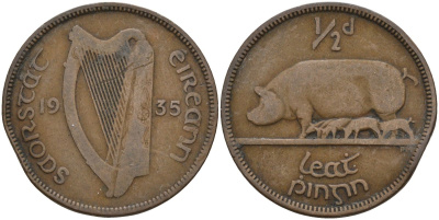 Ирландия 1/2 пенни 1935 свинья с поросятами KM 2 бронза 4146-534