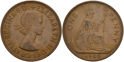 Великобритания 1 пенни 1966 Елизавета II (1952-2022) KM 897, Spink 4157 бронза 189-612