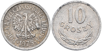 Польша 10 грошей 1975 MW, Народная Республика KM АА47, Parchimowicz 206n алюминий 4580-622