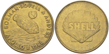 США ЖЕТОН ND SHELL. АПОЛЛОН 8, 1968 ГОД, БОРМАН, ЛОВЕЛЛ, АНДЕРС, ДИАМЕТР 26 ММ. жёлтый металл 217-911