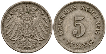 Германия 5 пфеннигов 1914 F KM 11, J. 12 медно-никель 4189-829