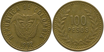 Колумбия 100 песо 1992 KM 285.1, Restrepo 445.1 латунь 4538-1233
