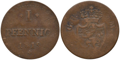 Гессен-Дармштадт 1 пфенниг 1819 GH-SM, Великий Герцог Людвиг I (1806-1830) KM 280 медь 4532-657