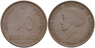 Люксембург 10 сантимов 1930 Шарлотта (1918-1964) KM 41 бронза 4541-351