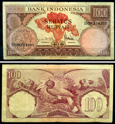 Индонезия 100 рупий 1959 гигантская раффлезия, малайский калао Pick 69 a  бумага 444-26-2-1