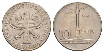 Польша 10 злотых 1965 700 лет Варшаве, Колонна Сигизмунда Y 55 медно-никель 4389-442