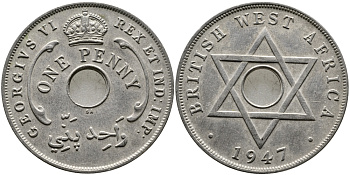 Британская Западная Африка 1 пенни 1947 Георг VI (1937-1952) KM 19 медно-никель 1523-245