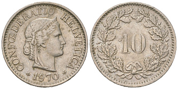 Швейцария 10 раппенов 1970 KM 27 медно-никель aUNC 4618-163
