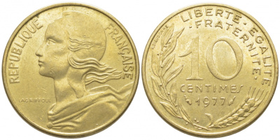 ФРАНЦИЯ 10 САНТИМОВ 1977 ТИП MARIANNE KM 929 медь алюминий никель 105-1221