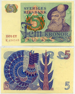 Швеция 5 крон 1970 EY, Густав I Ваза Pick 51b бумага aUNC 445-59-3