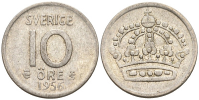 Швеция 10 эре 1956 Густав VI Адольф (1950-1973) KM 823 серебро 4147-915