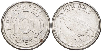 БРАЗИЛИЯ 100 КРУЗЕЙРО 1993 РЕФОРМА 1990-1993, ЛАМАНТИН KM 623 нержавеющая сталь 4396-131