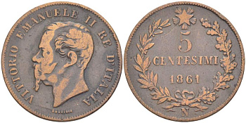 ИТАЛИЯ 5 ЧЕНТЕЗИМО 1861 N, МОНДВОР НЕАПОЛЬ, ВИКТОР ЭММАНУИЛ II (1861-1878) KM 3.3 медь 4525-122