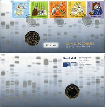 Великобритания 2 фунта 2003 50 лет открытия структуры ДНК, в оригинальном конверте, с марками, первый день гашения KM 1037, Spink K16 биметалл BU 4-3-8-62