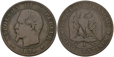 Франция 5 сантимов 1854 A- Париж, Наполеон III (1852 - 1870) KM 777 бронза 51-915