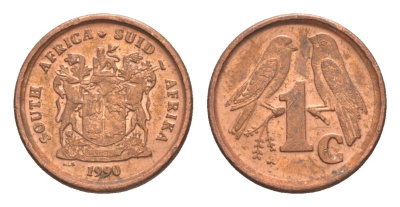 ЮАР 1 цент 1990 герб, капские воробьи KM 132 сталь плакированная медью aUNC 4608-564