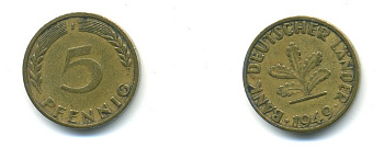 ФРГ 5 ПФЕННИГОВ 1949 J KM 102, J. 377 сталь плакированная латунью 4379-318