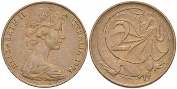 АВСТРАЛИЯ 2 ЦЕНТА 1975 ЕЛИЗАВЕТА II, МОЛОДОЙ ПОРТРЕТ, ПЛАЩЕНОСНАЯ ЯЩЕРИЦА (FRILLED LIZARD) KM 63 бронза 4539-945